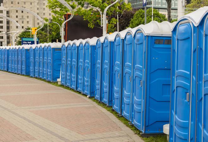 a fleet of portable restrooms ready for use at a large outdoor wedding or celebration in Clarence, NY